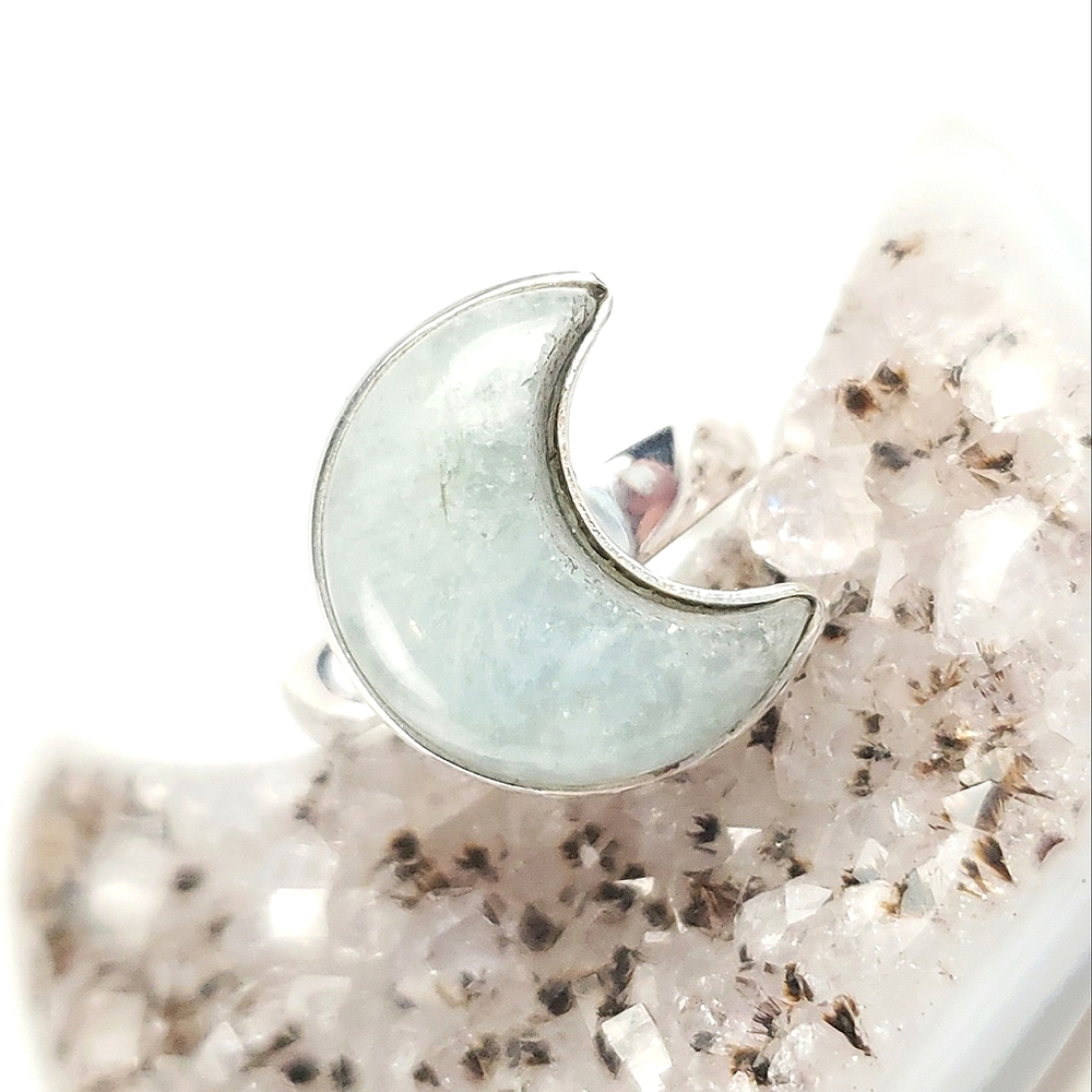 Sterling Silver Aquamarine Crescent Moon Ring Size 7